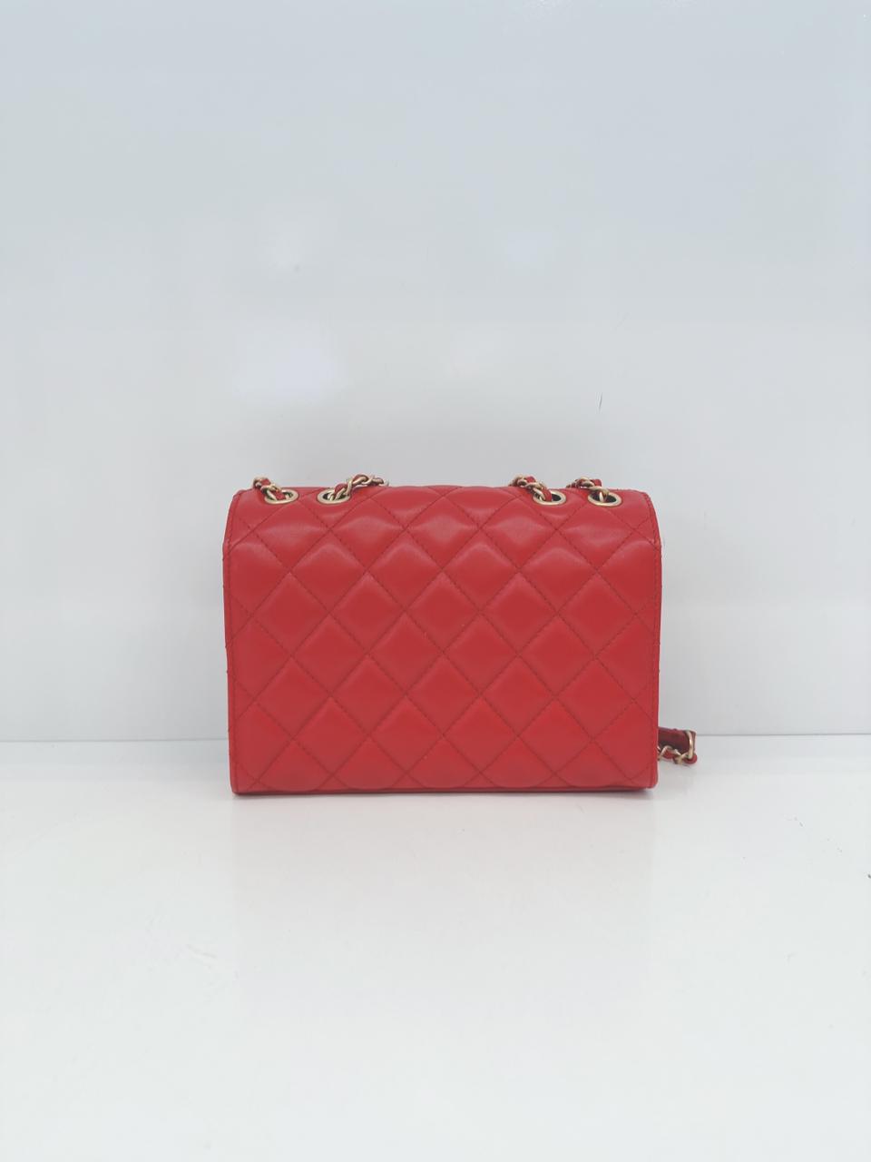 RED QUILTED CALFSKIN LEATHER TRIPLE FLAP BAG