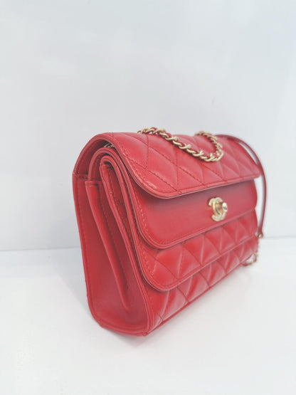 RED QUILTED CALFSKIN LEATHER TRIPLE FLAP BAG