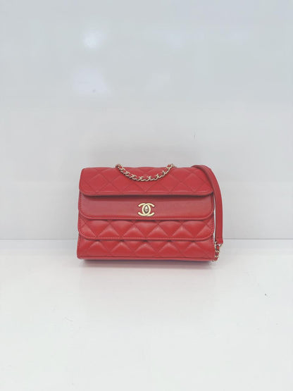RED QUILTED CALFSKIN LEATHER TRIPLE FLAP BAG