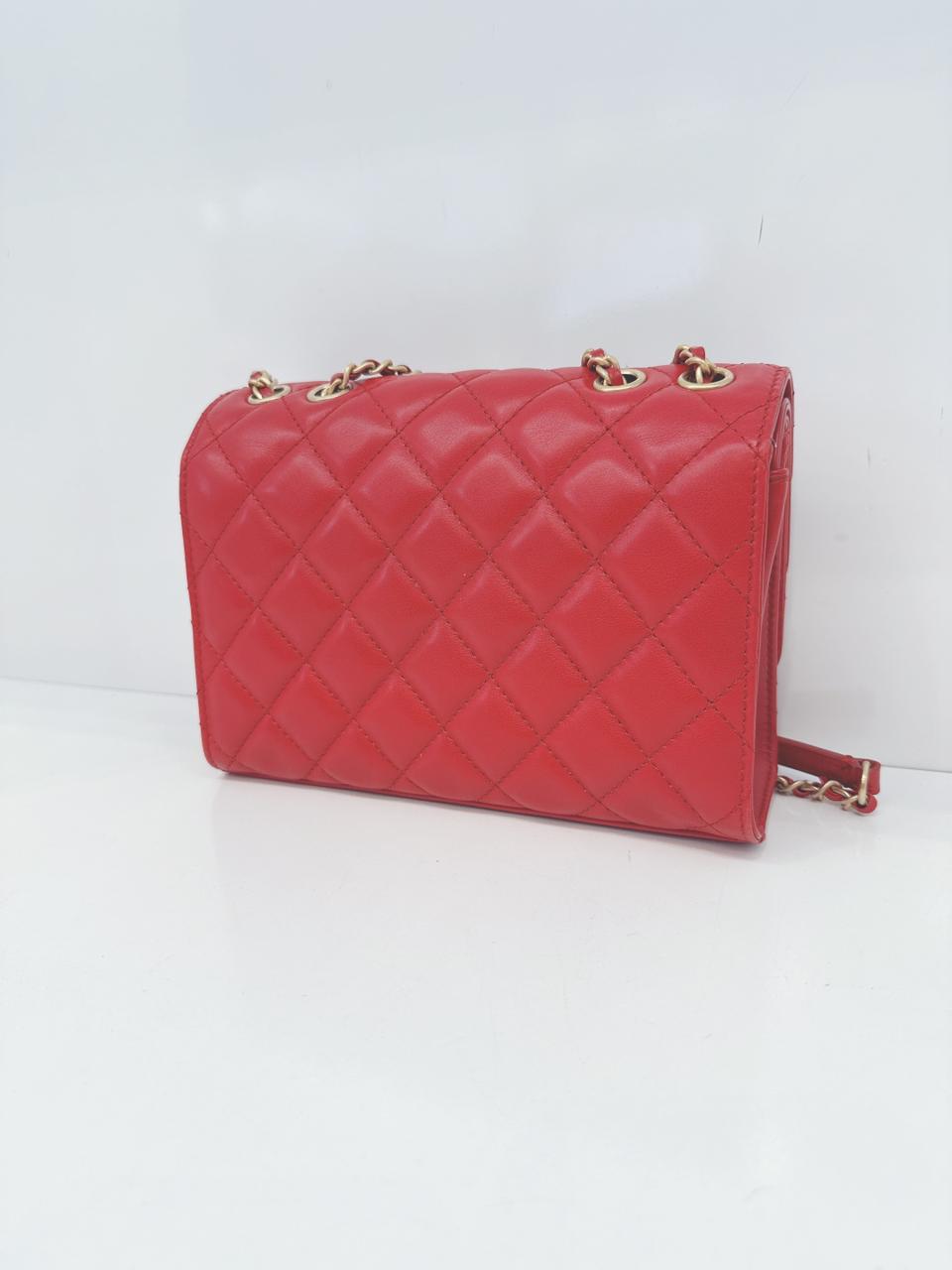 RED QUILTED CALFSKIN LEATHER TRIPLE FLAP BAG