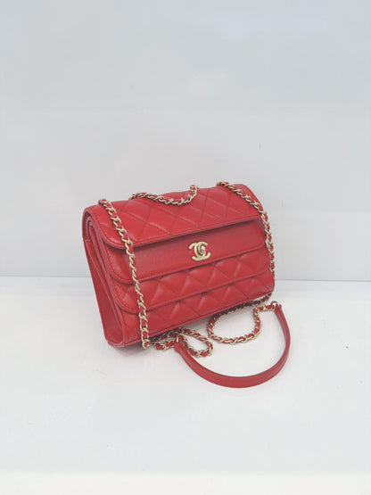 RED QUILTED CALFSKIN LEATHER TRIPLE FLAP BAG