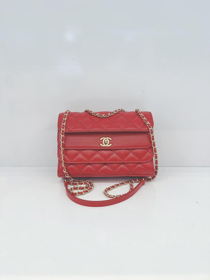 RED QUILTED CALFSKIN LEATHER TRIPLE FLAP BAG