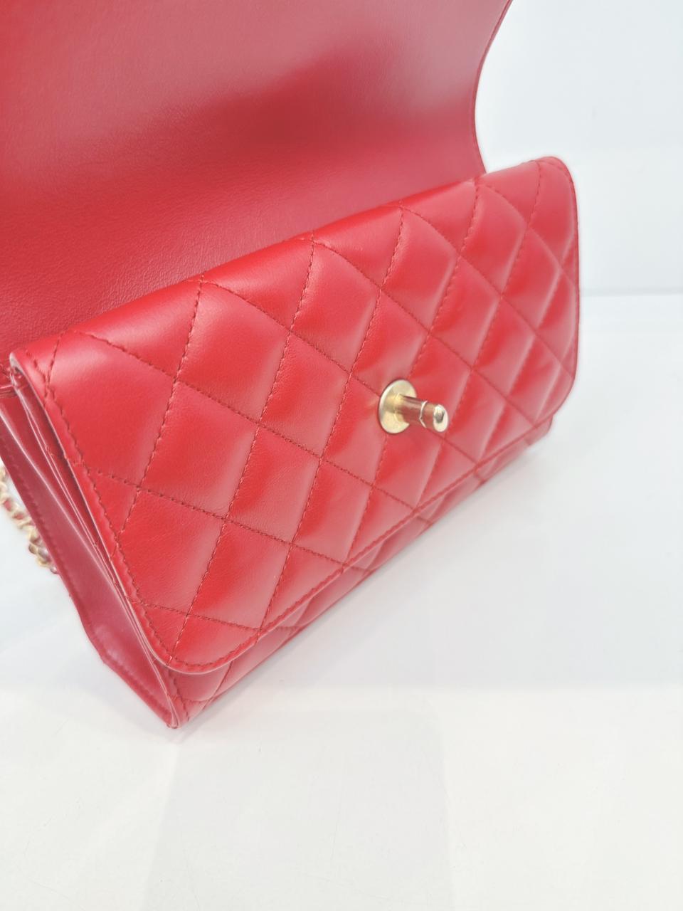 RED QUILTED CALFSKIN LEATHER TRIPLE FLAP BAG