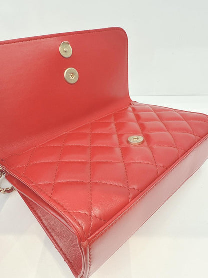 RED QUILTED CALFSKIN LEATHER TRIPLE FLAP BAG