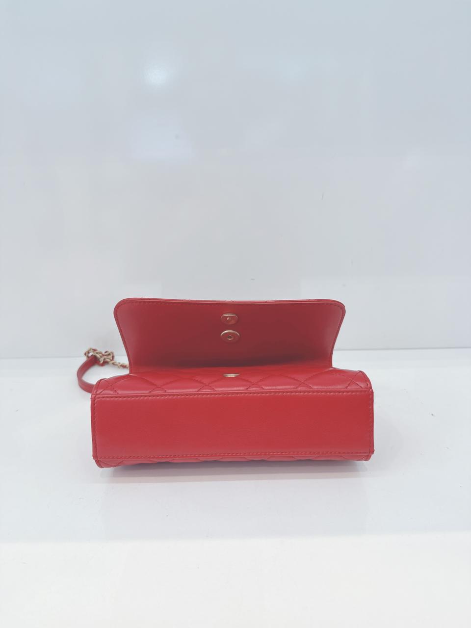 RED QUILTED CALFSKIN LEATHER TRIPLE FLAP BAG