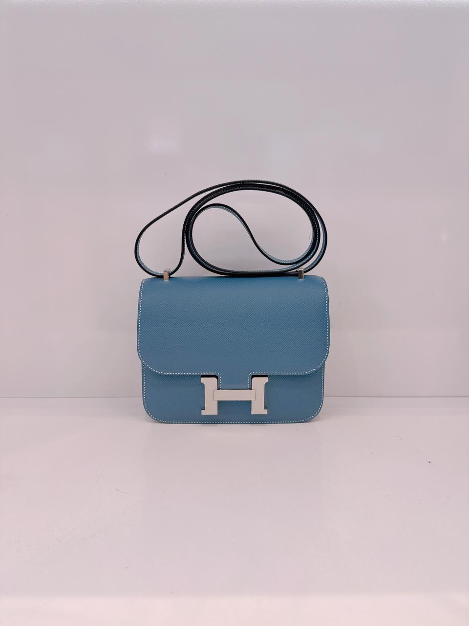 SAC CONSTANCE MINI 18 MIRROR VEAU EPSOM LEATHER BLEU JEAN PALLADIUM HARDWARE