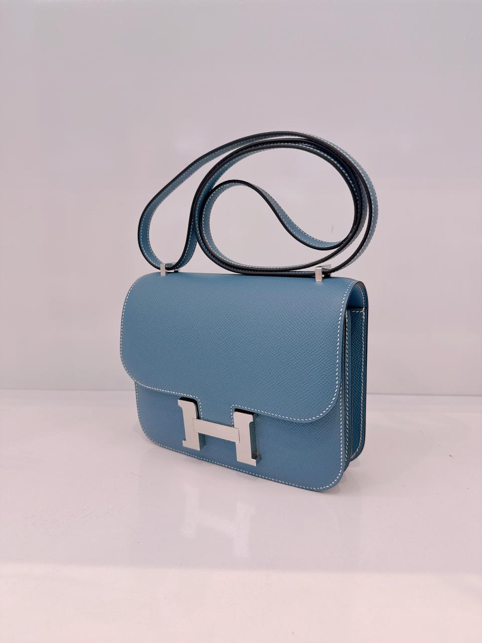 SAC CONSTANCE MINI 18 MIRROR VEAU EPSOM LEATHER BLEU JEAN PALLADIUM HARDWARE