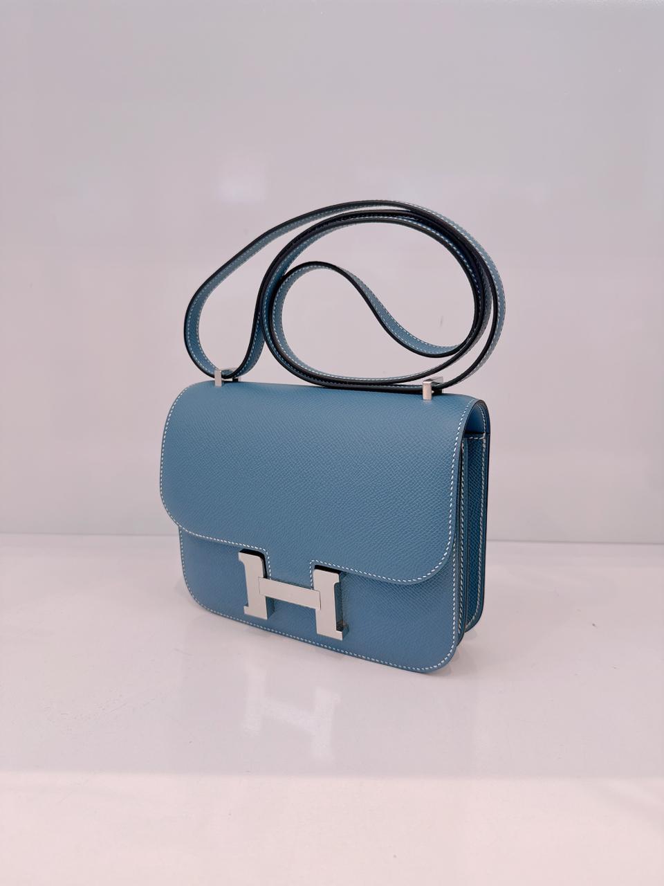 SAC CONSTANCE MINI 18 MIRROR VEAU EPSOM LEATHER BLEU JEAN PALLADIUM HARDWARE