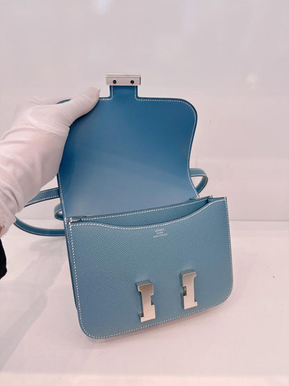 SAC CONSTANCE MINI 18 MIRROR VEAU EPSOM LEATHER BLEU JEAN PALLADIUM HARDWARE