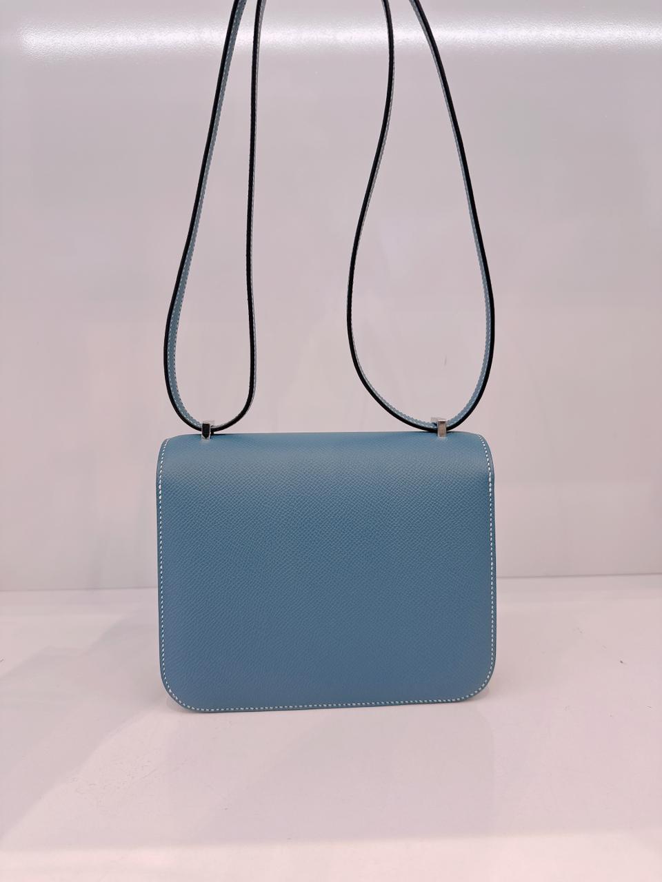 SAC CONSTANCE MINI 18 MIRROR VEAU EPSOM LEATHER BLEU JEAN PALLADIUM HARDWARE