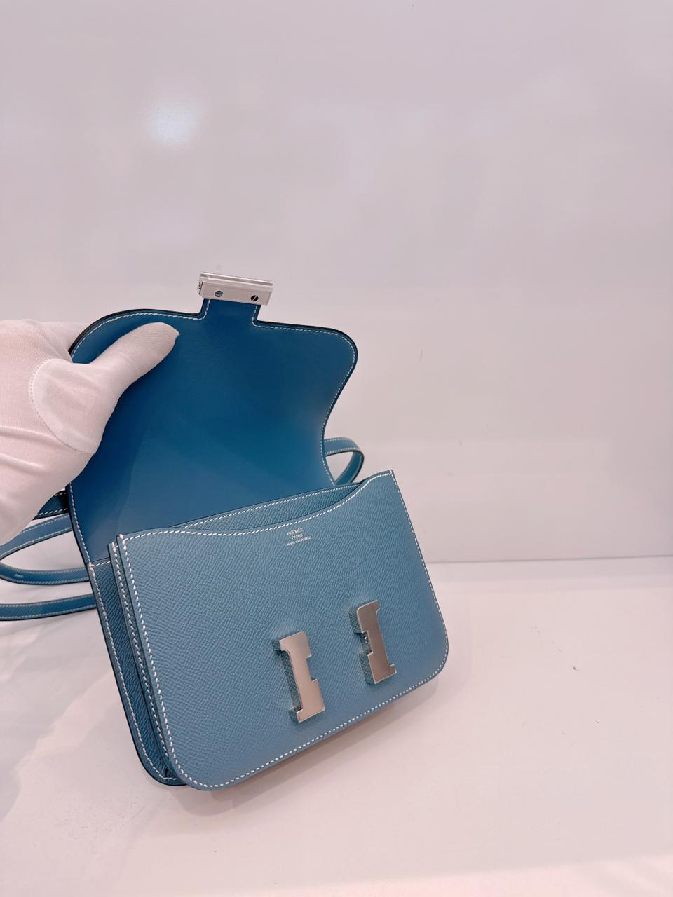 SAC CONSTANCE MINI 18 MIRROR VEAU EPSOM LEATHER BLEU JEAN PALLADIUM HARDWARE