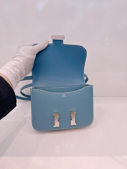 SAC CONSTANCE MINI 18 MIRROR VEAU EPSOM LEATHER BLEU JEAN PALLADIUM HARDWARE