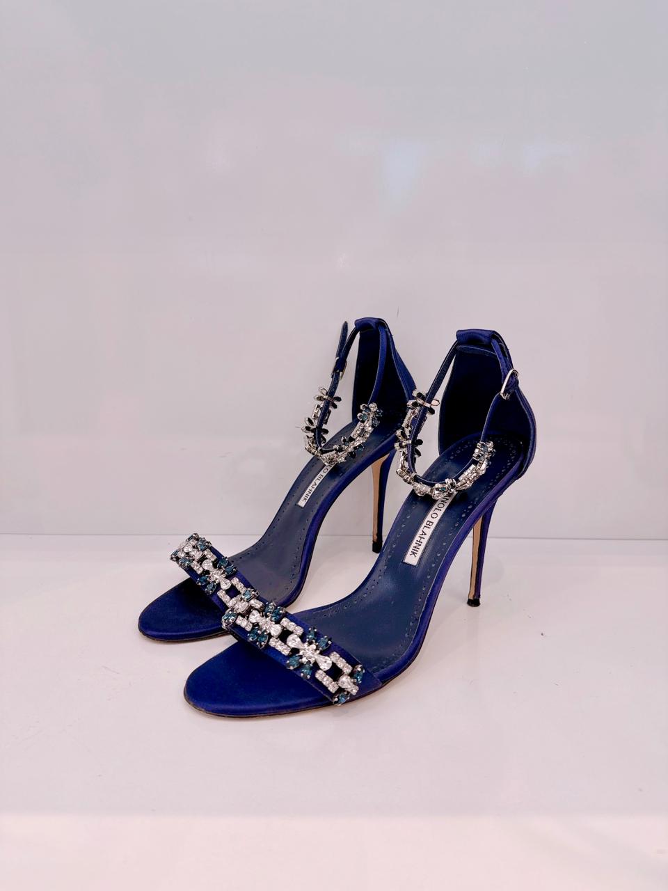 NAVY BLUE SATIN CRYSTALS FIRADOU SANDALS SIZE 41
