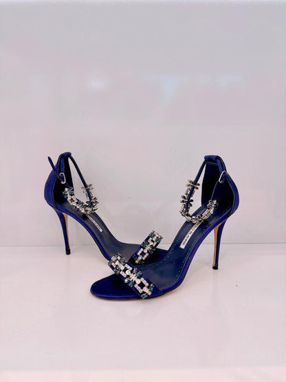 NAVY BLUE SATIN CRYSTALS FIRADOU SANDALS SIZE 41
