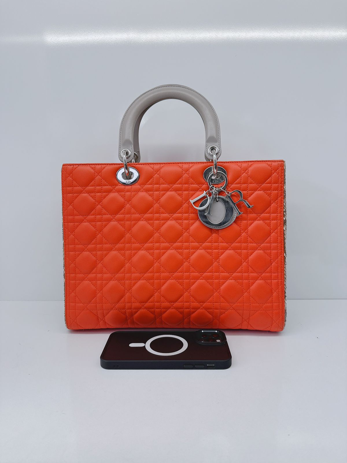 ORANGE BEIGE PYTHON AND CANNAGE LEATHER LARGE LADY DIOR BAG