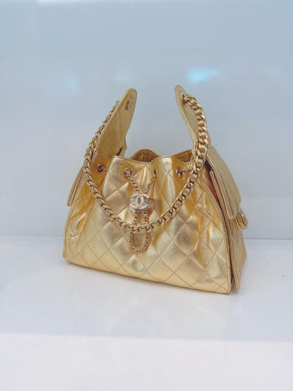 GOLD METALLIC GRAINED CALFSKIN LEATHER SMALL CHANEL 25 BAG