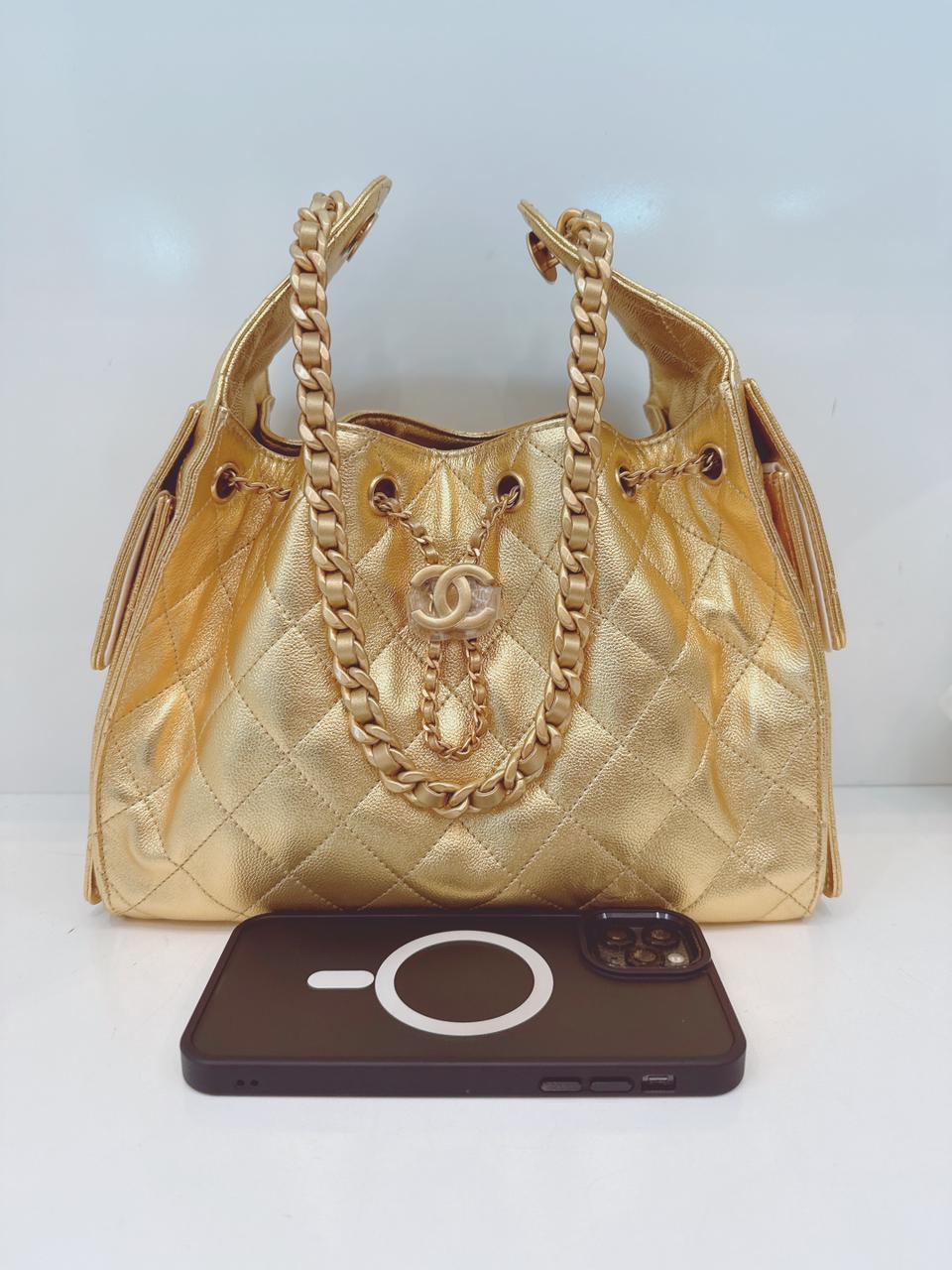 GOLD METALLIC GRAINED CALFSKIN LEATHER SMALL CHANEL 25 BAG