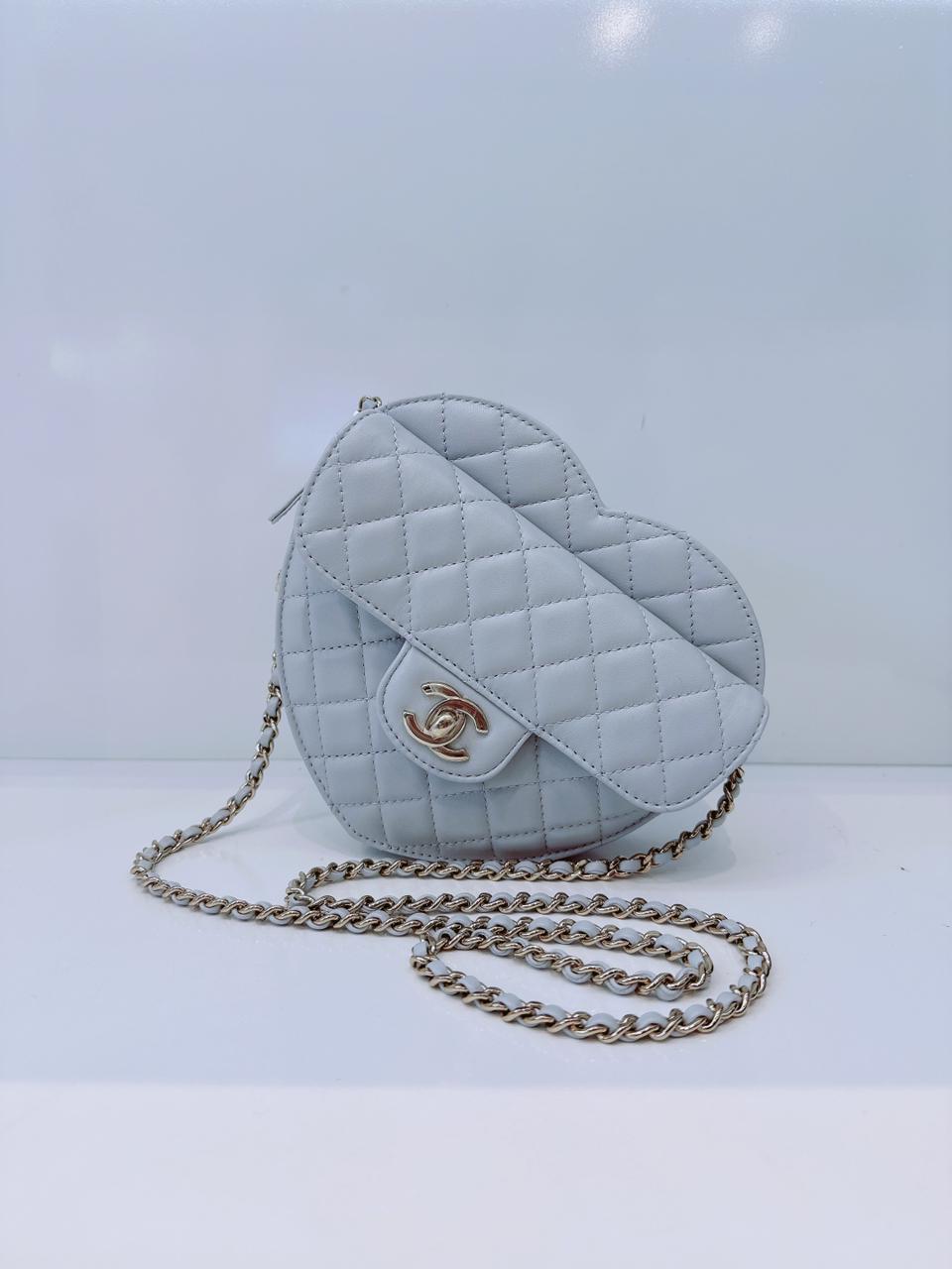 LIGHT PASTEL BLUE QUILTED LAMBSKIN LEATHER LARGE HEART BAG