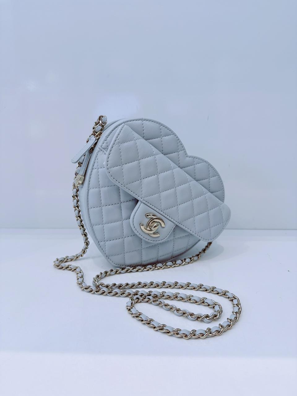 LIGHT PASTEL BLUE QUILTED LAMBSKIN LEATHER LARGE HEART BAG