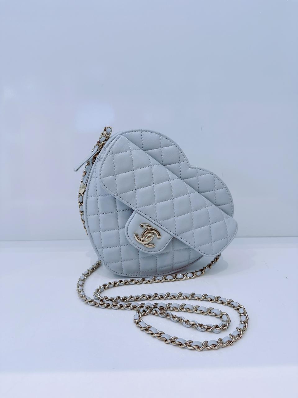 LIGHT PASTEL BLUE QUILTED LAMBSKIN LEATHER LARGE HEART BAG