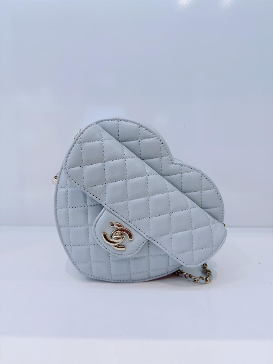 LIGHT PASTEL BLUE QUILTED LAMBSKIN LEATHER LARGE HEART BAG