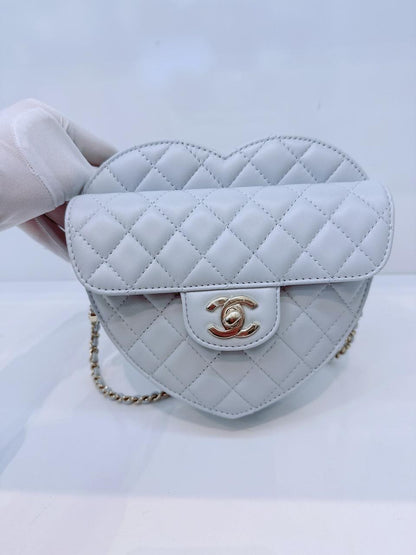 LIGHT PASTEL BLUE QUILTED LAMBSKIN LEATHER LARGE HEART BAG