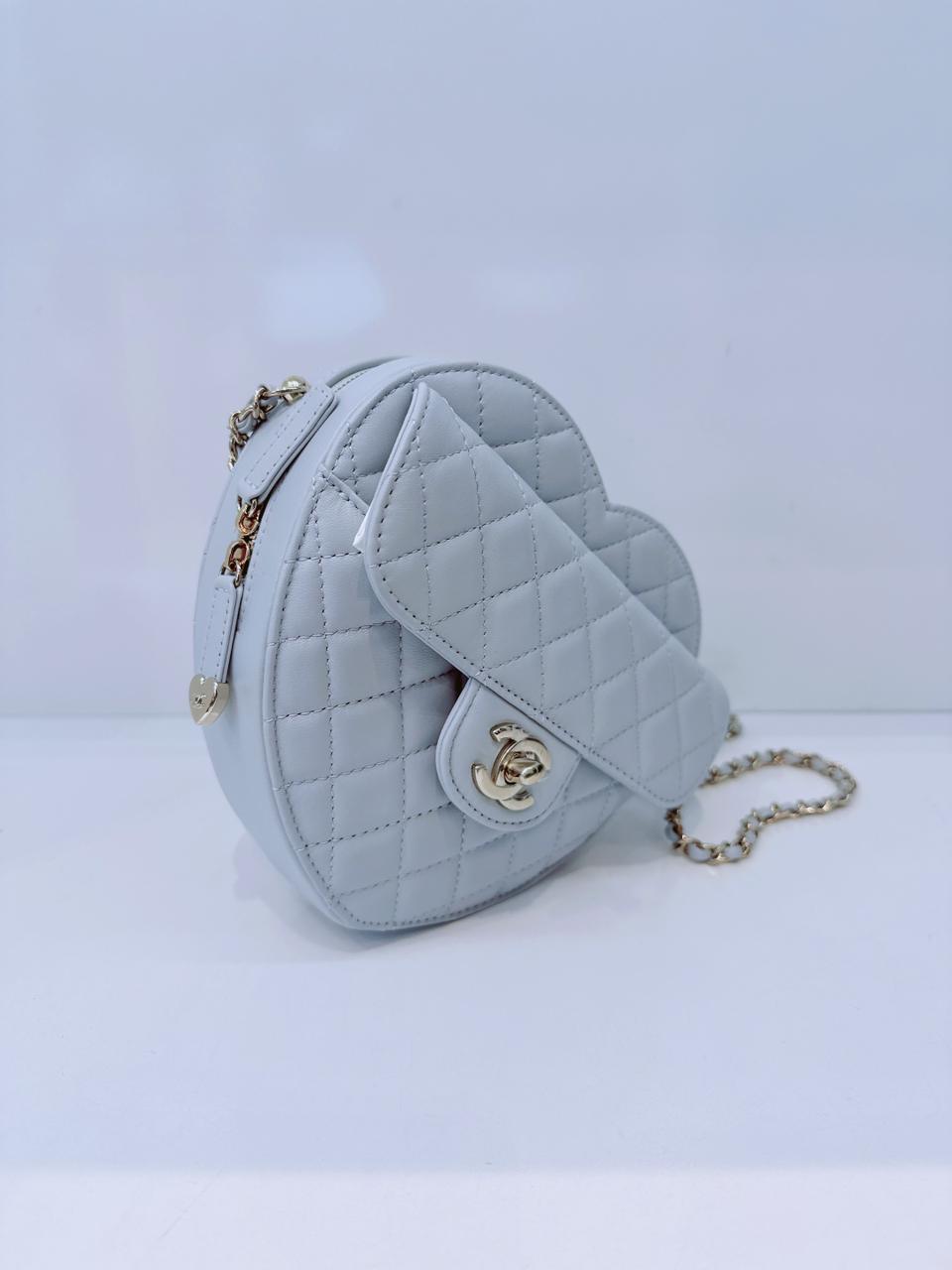 LIGHT PASTEL BLUE QUILTED LAMBSKIN LEATHER LARGE HEART BAG