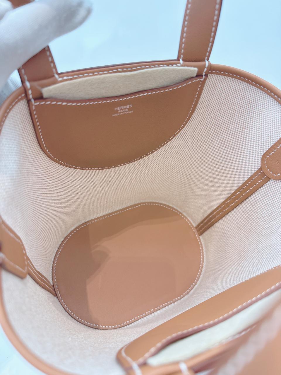 ECRU BEIGE GOLD CANVAS AND LEATHER IN-THE-LOOP 18 PALLADIUM HARDWARE