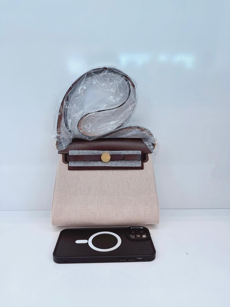 ECRU BEIGE EBENE CANVAS HERBAG MINI ZIP 20 GOLD HARDWARE