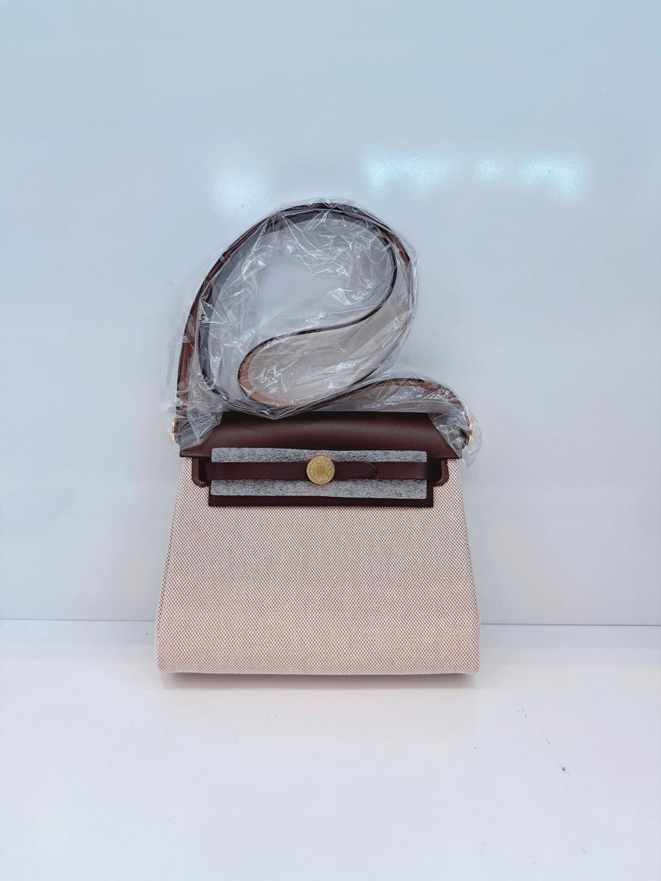 ECRU BEIGE EBENE CANVAS HERBAG MINI ZIP 20 GOLD HARDWARE