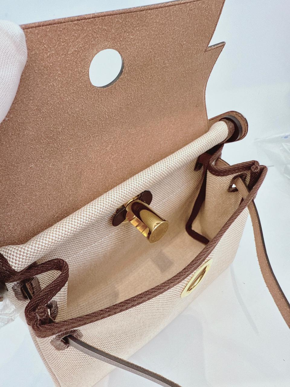 ECRU BEIGE EBENE CANVAS HERBAG MINI ZIP 20 GOLD HARDWARE