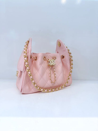 LIGHT PINK MINI CHANEL 25 HANDBAG GRAINED CALFSKIN GOLD TONE METAL HARDWARE