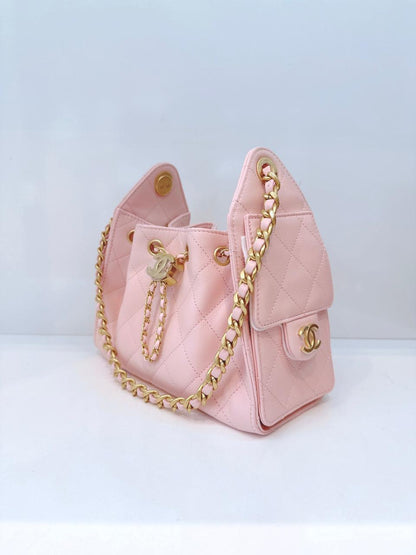 LIGHT PINK MINI CHANEL 25 HANDBAG GRAINED CALFSKIN GOLD TONE METAL HARDWARE