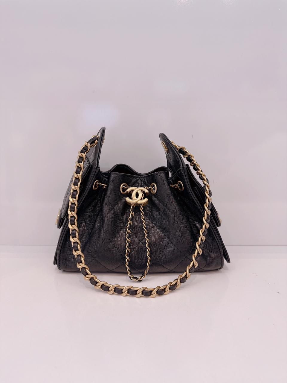BLACK GRAINED CALFSKIN LEATHER MINI CHANEL 25 HANDBAG