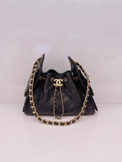 BLACK GRAINED CALFSKIN LEATHER MINI CHANEL 25 HANDBAG