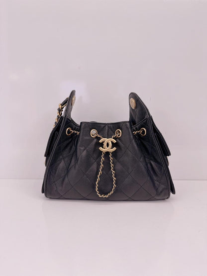 BLACK GRAINED CALFSKIN LEATHER MINI CHANEL 25 HANDBAG