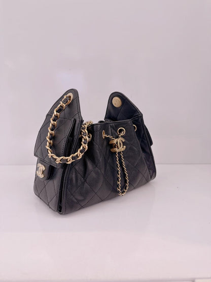 BLACK GRAINED CALFSKIN LEATHER MINI CHANEL 25 HANDBAG