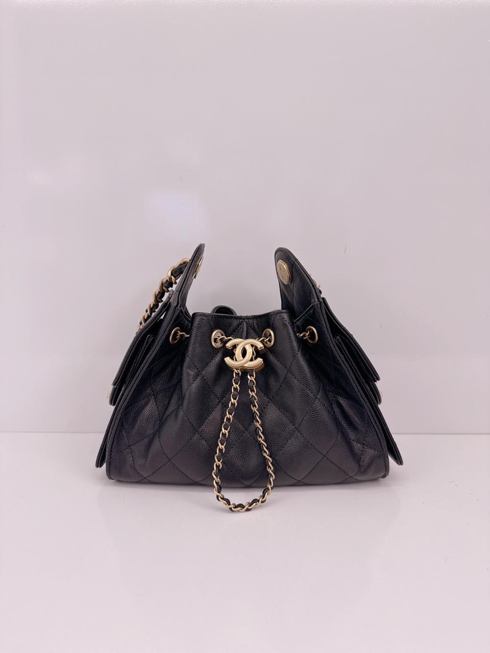 BLACK GRAINED CALFSKIN LEATHER MINI CHANEL 25 HANDBAG