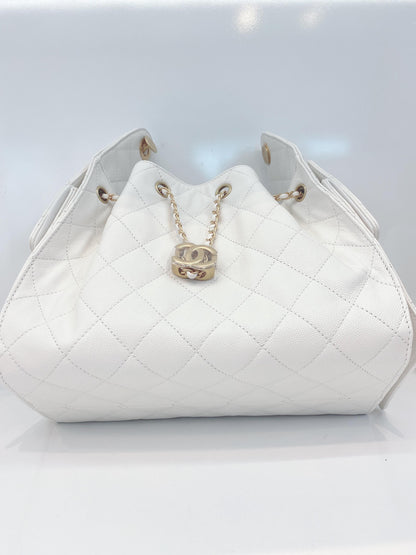 WHITE GRAINED CALFSKIN LEATHER SMALL CHANEL 25 BAG