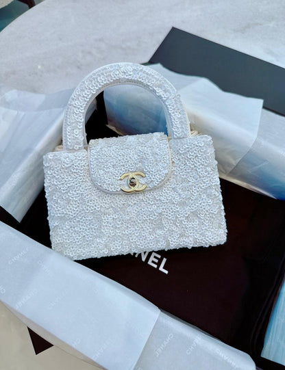 WHITE SEQUINS MINI KELLY SHOPPING BAG