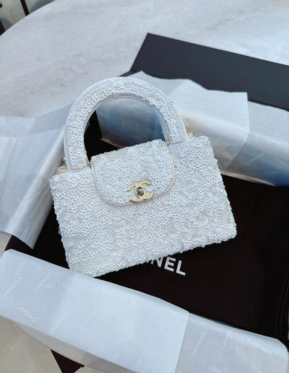 WHITE SEQUINS MINI KELLY SHOPPING BAG