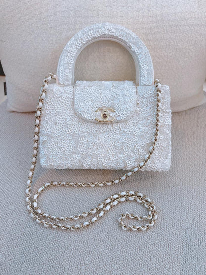 WHITE SEQUINS MINI KELLY SHOPPING BAG