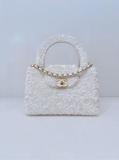 WHITE SEQUINS MINI KELLY SHOPPING BAG