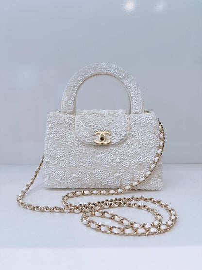 WHITE SEQUINS MINI KELLY SHOPPING BAG