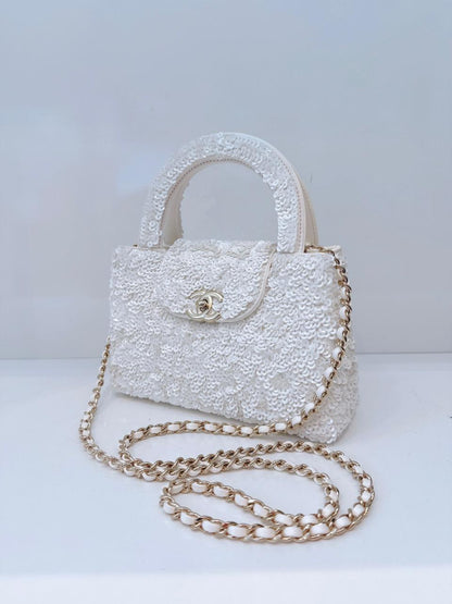 WHITE SEQUINS MINI KELLY SHOPPING BAG