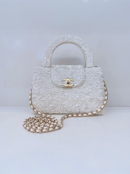 WHITE SEQUINS MINI KELLY SHOPPING BAG