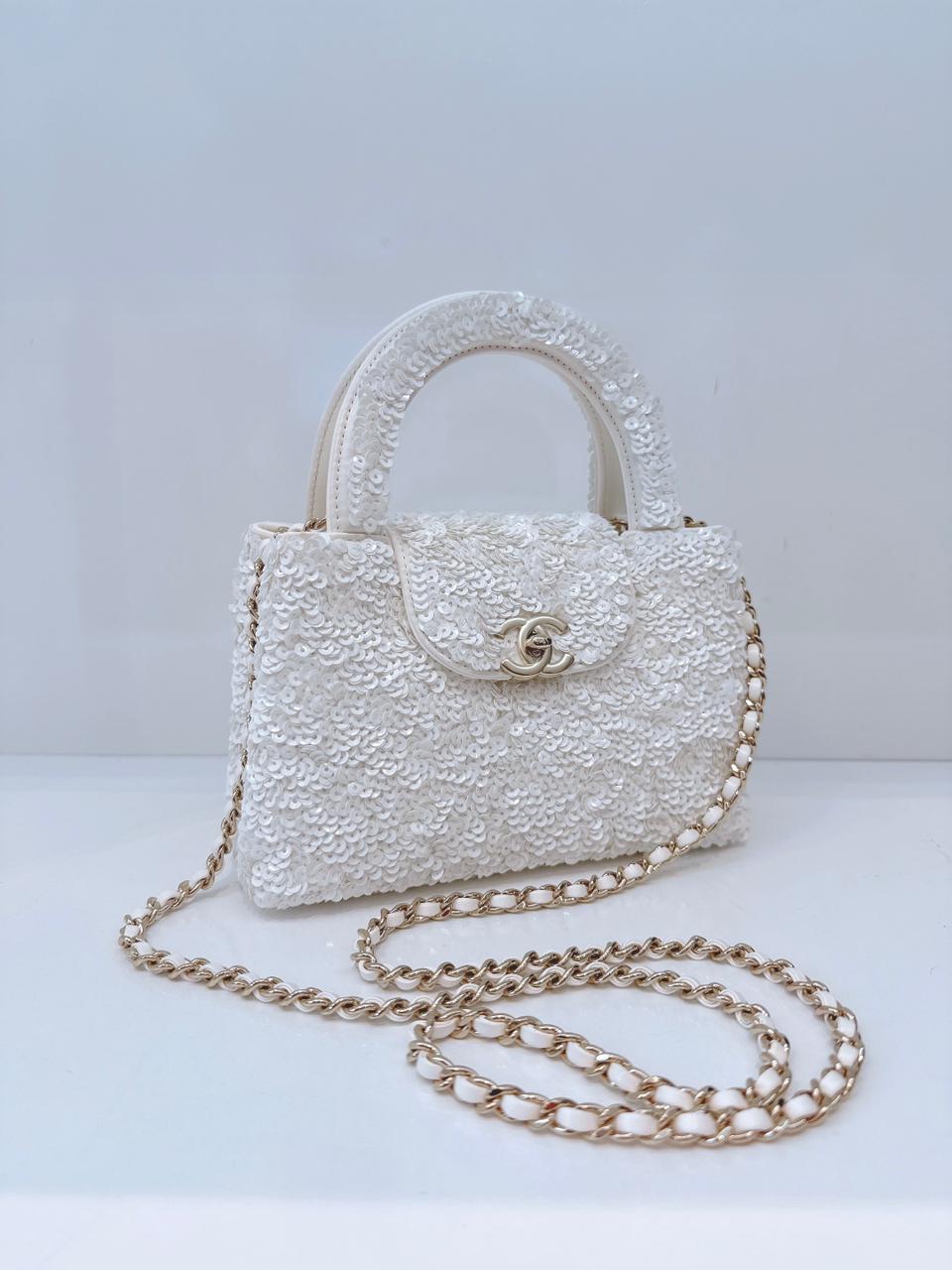 WHITE SEQUINS MINI KELLY SHOPPING BAG