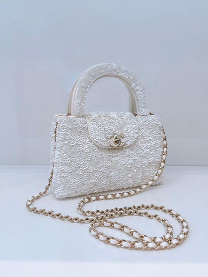 WHITE SEQUINS MINI KELLY SHOPPING BAG