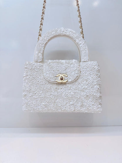 WHITE SEQUINS MINI KELLY SHOPPING BAG