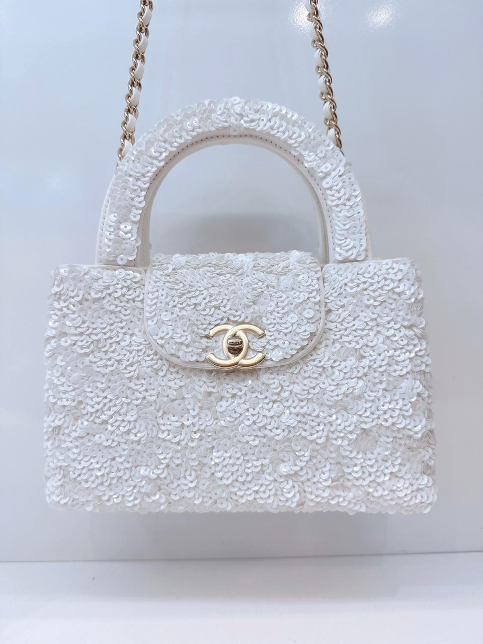 WHITE SEQUINS MINI KELLY SHOPPING BAG